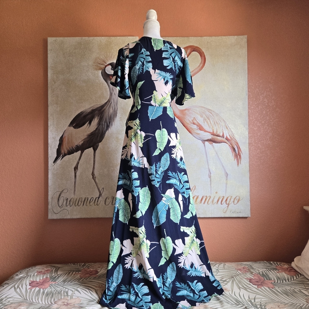 3/$25 Shein Maxi Dress Tropical Floral Short Sleeve Navy Blue Green Large - Picture 3 of 15